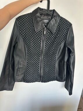 Vintage Size Large Black Leather Woven-Panel Jacket